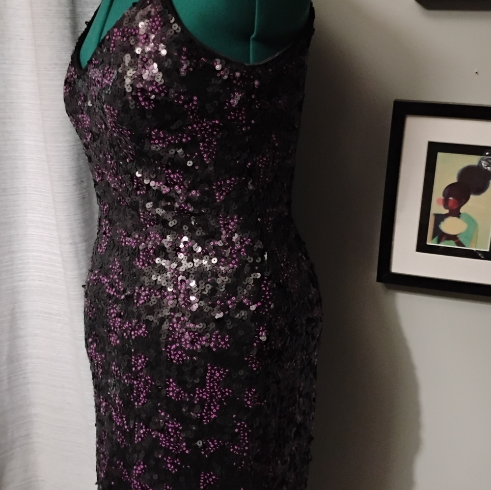 Dress The Population Nina Sequin Midi Dress, Sz XL Purple & Black - Picture 7 of 13